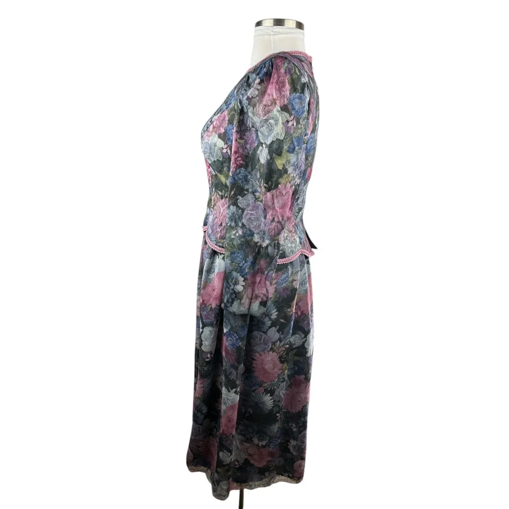 Vintage Unbranded Floral Peplum Dress Secretary Romantic Prairie Layered Size 16 - Picture 12 of 16